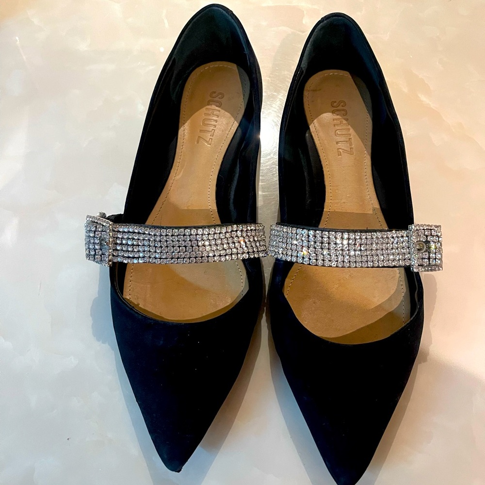 Schutz Black Velvet Crystal Flat